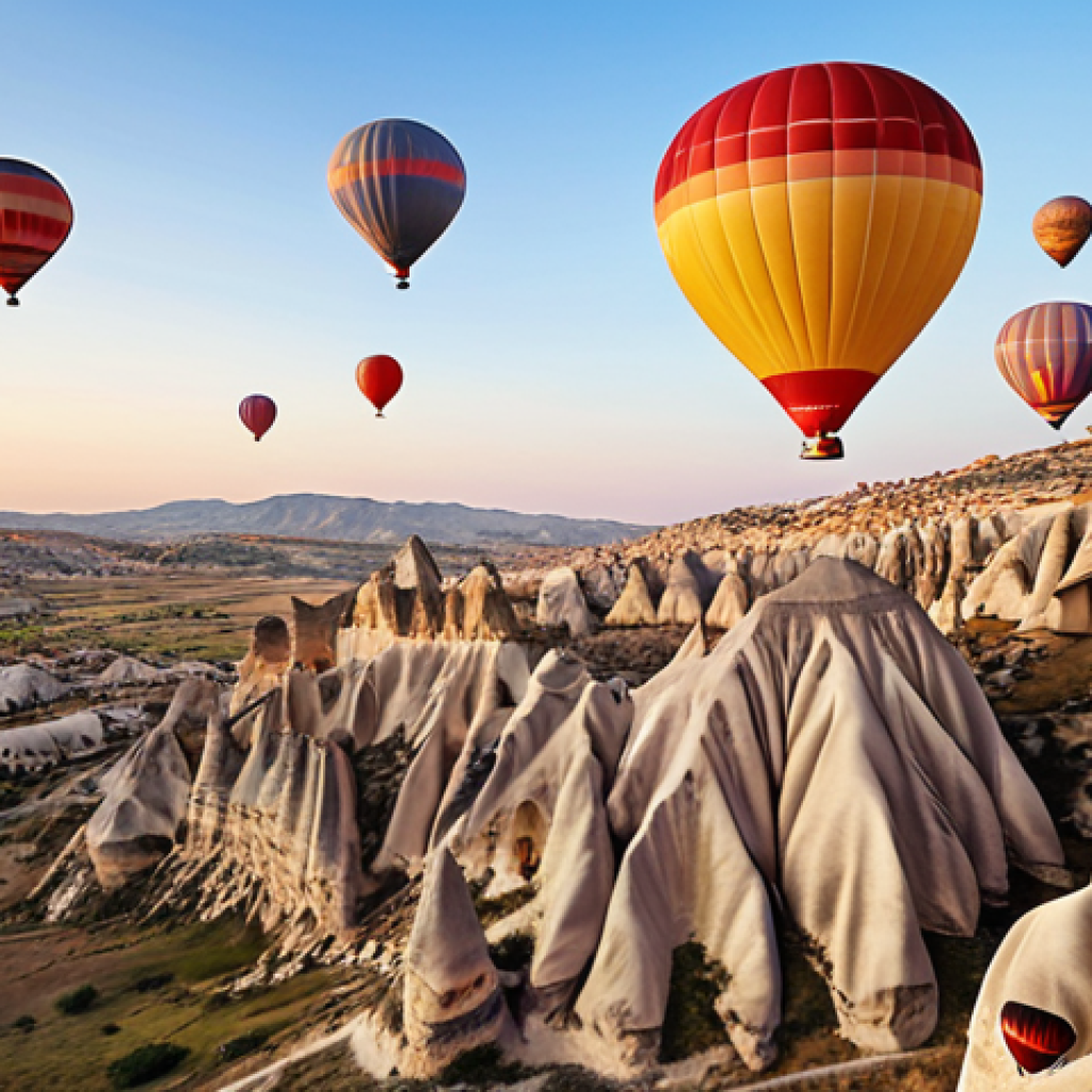 **

A serene hot air balloon ride over Cappadocia, Turkey at sunrise. The sky is filled with dozens of colorful balloons floating above the unique rock formations. Focus on the feeling of peace and tranquility.

**