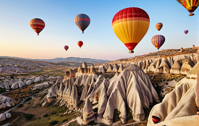 **
A serene hot air balloon ride over Cappadocia, Turkey at sunrise. The sky is filled with dozens of colorful balloons floating above the unique rock formations. Focus on the feeling of peace and tranquility.
**